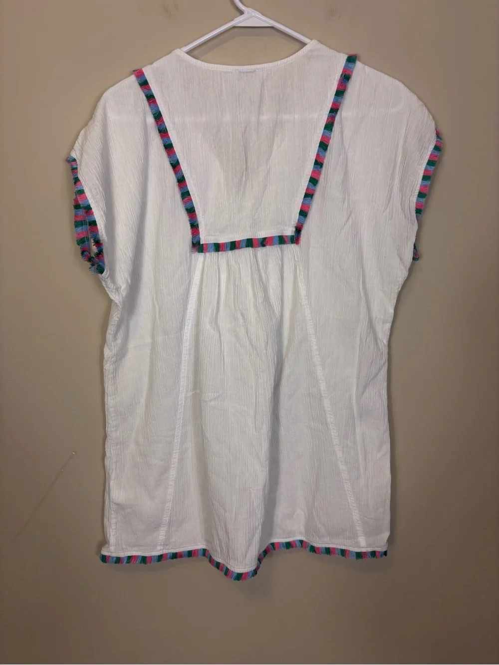 J. Crew White Gauze Tassel Trim V-Neck Top with Multicolor Stripe Small